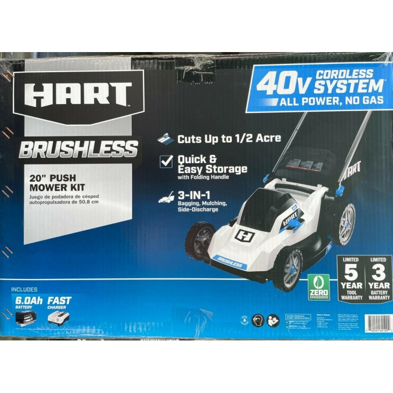 HART 40-Volt Cordless Brushless 20-inch Push lawn Mower Kit w/6.0Ah Battery