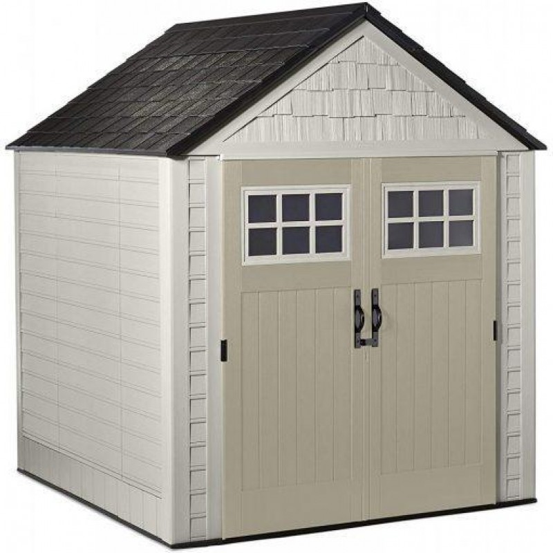 Rubbermaid 7×7 Ft Durable Weather Resistant Resin Outdoor Garden Storage Shed with Windows and Utility Hooks, Sand