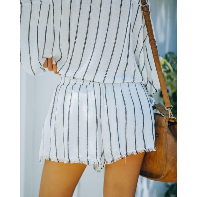 Beach Town Pocketed Striped Frayed Shorts - White