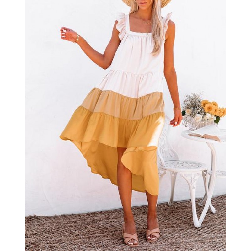 PREORDER - Melody Of Summer Pocketed High Low Tiered Midi Dress - Mustard