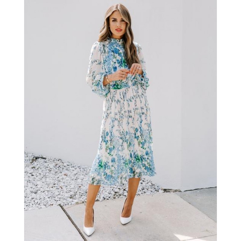 PREORDER - Tempe Floral Ruffle Midi Dress - Blue