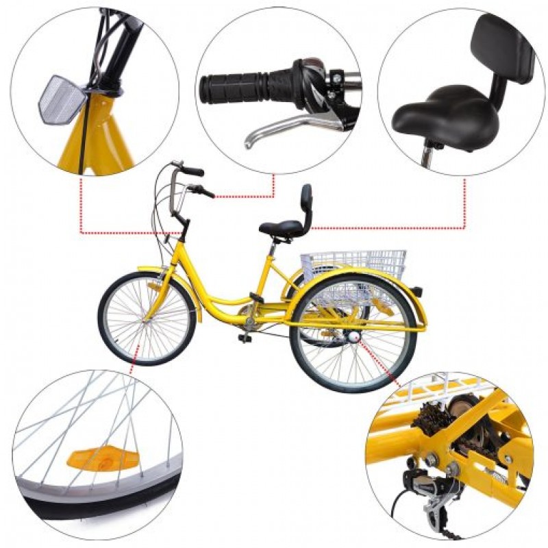 7-Speed 24″ Tricycle Adult 3-Wheel Bicycle With Basket Bike Lock and Air Pump Hot Cruise Bike